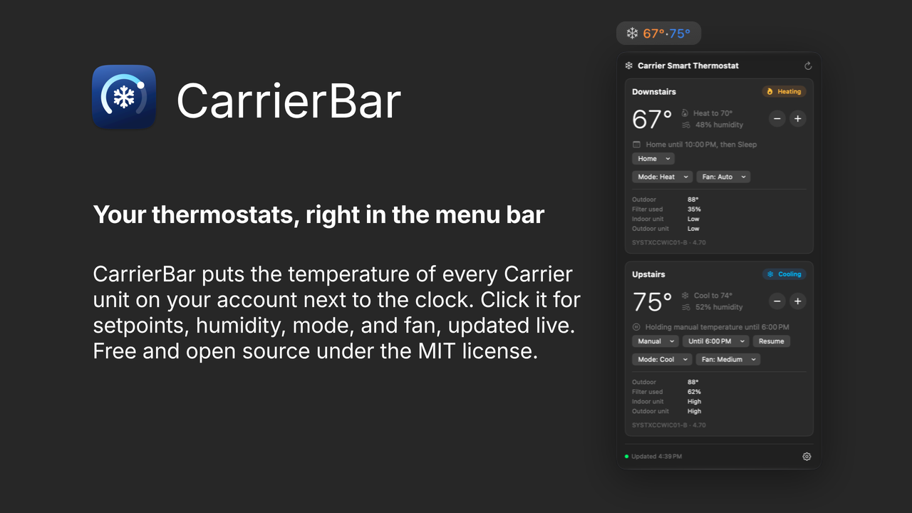 CarrierBar: Putting My Thermostats in the Menu Bar