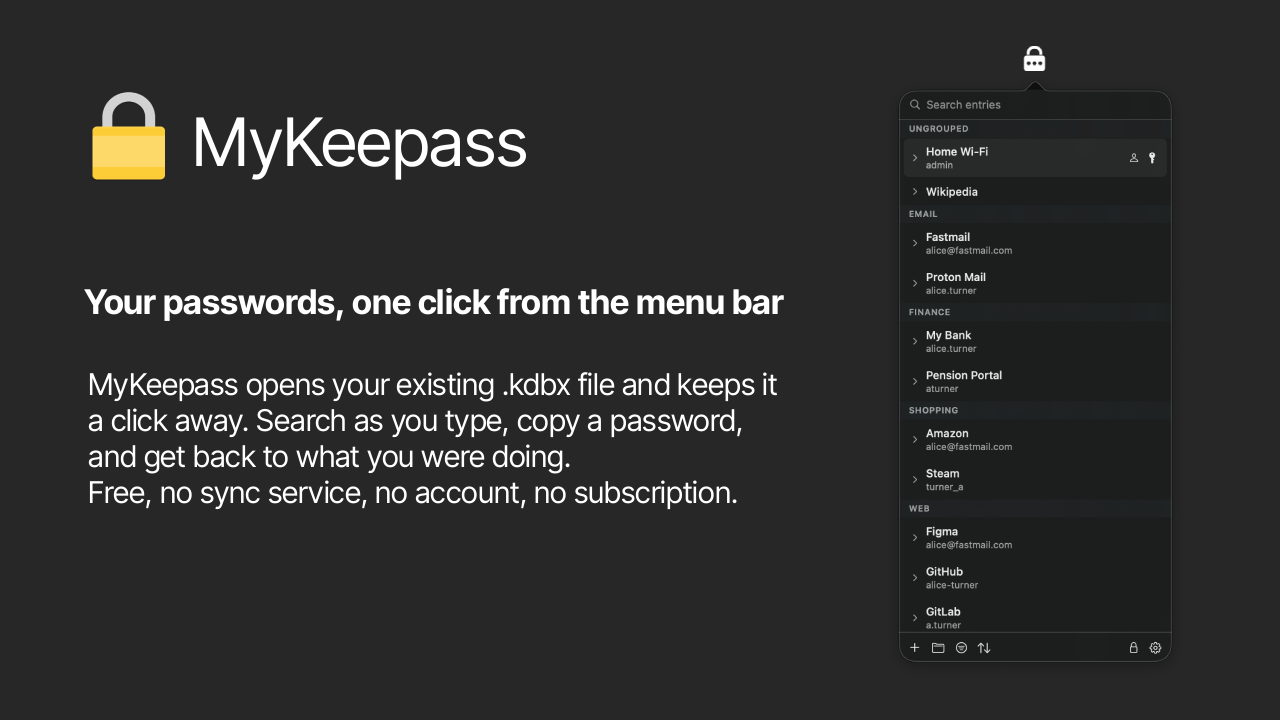 MyKeepass - Passwords in your macOS menu bar