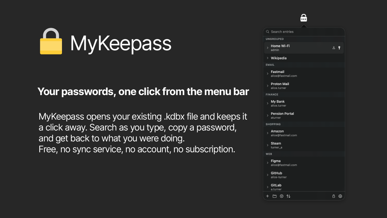 MyKeepass - Passwords in your macOS menu bar