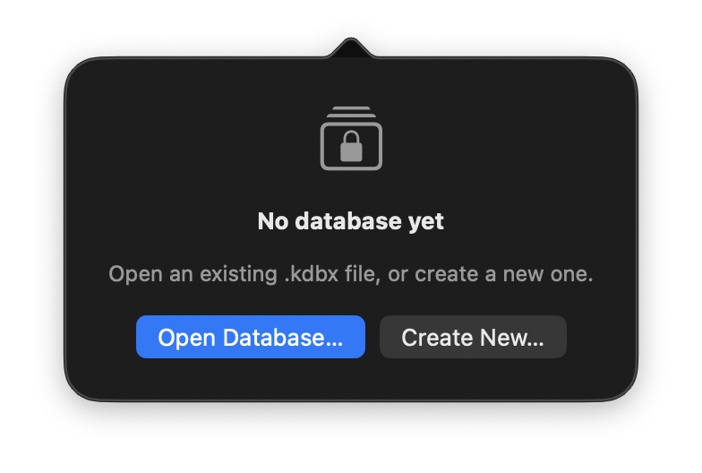MyKeepass with no database open, offering to open an existing .kdbx file or create a new one