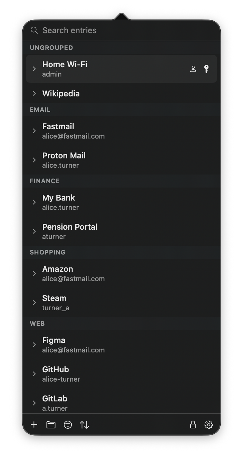 The MyKeepass panel open below the macOS menu bar, showing a search field and a grouped list of entries