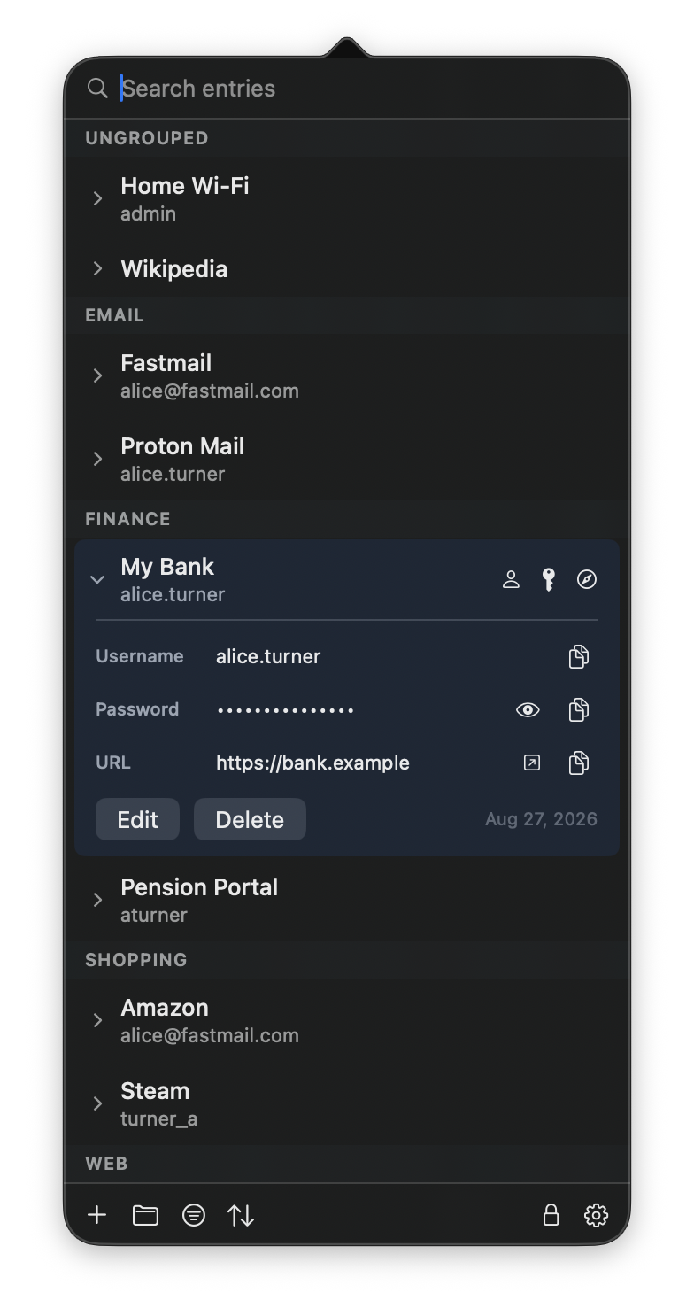 An entry expanded in MyKeepass, showing its username, password and URL each with a copy button