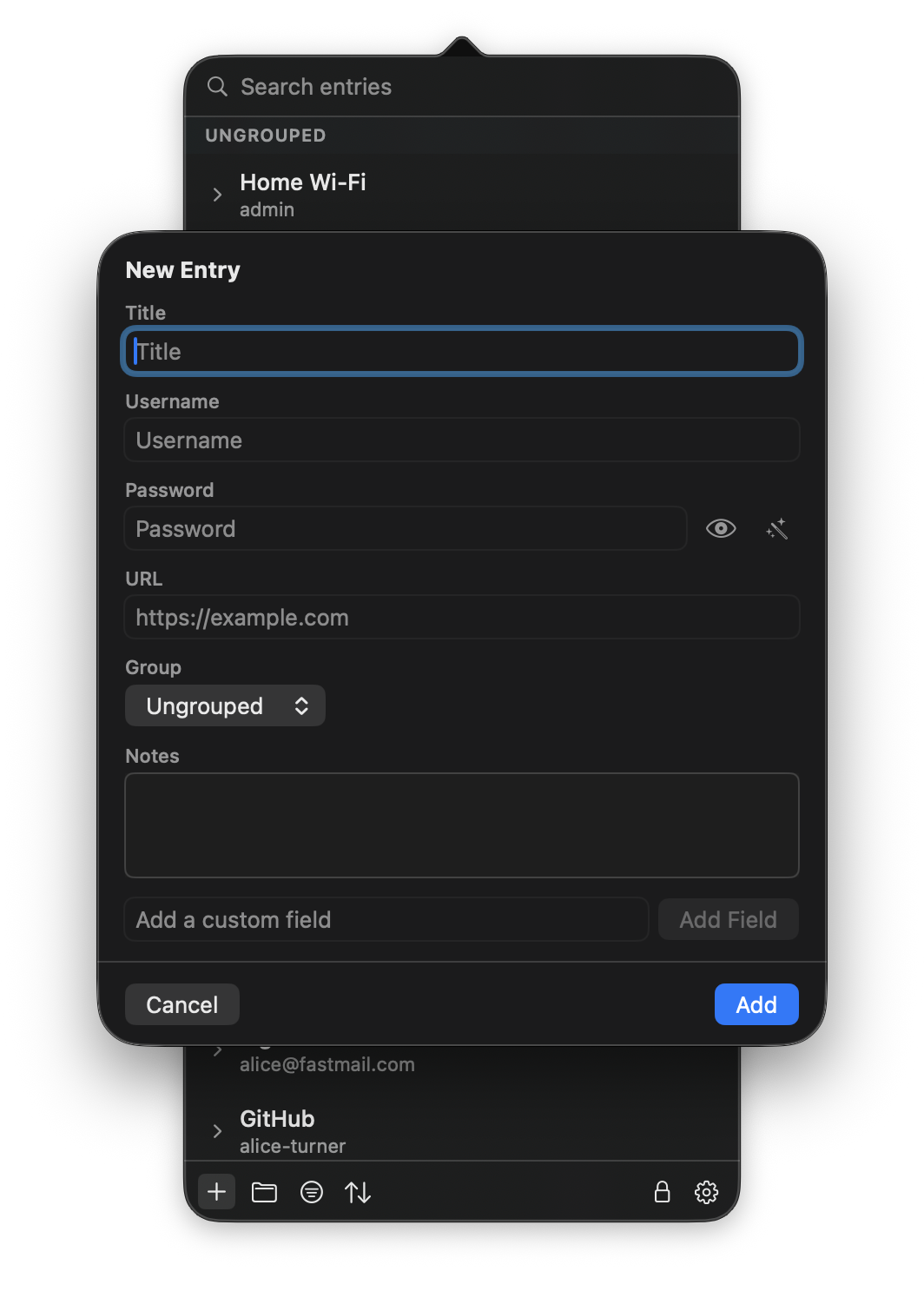 Adding a new entry in MyKeepass, with fields for title, username, password, URL and notes
