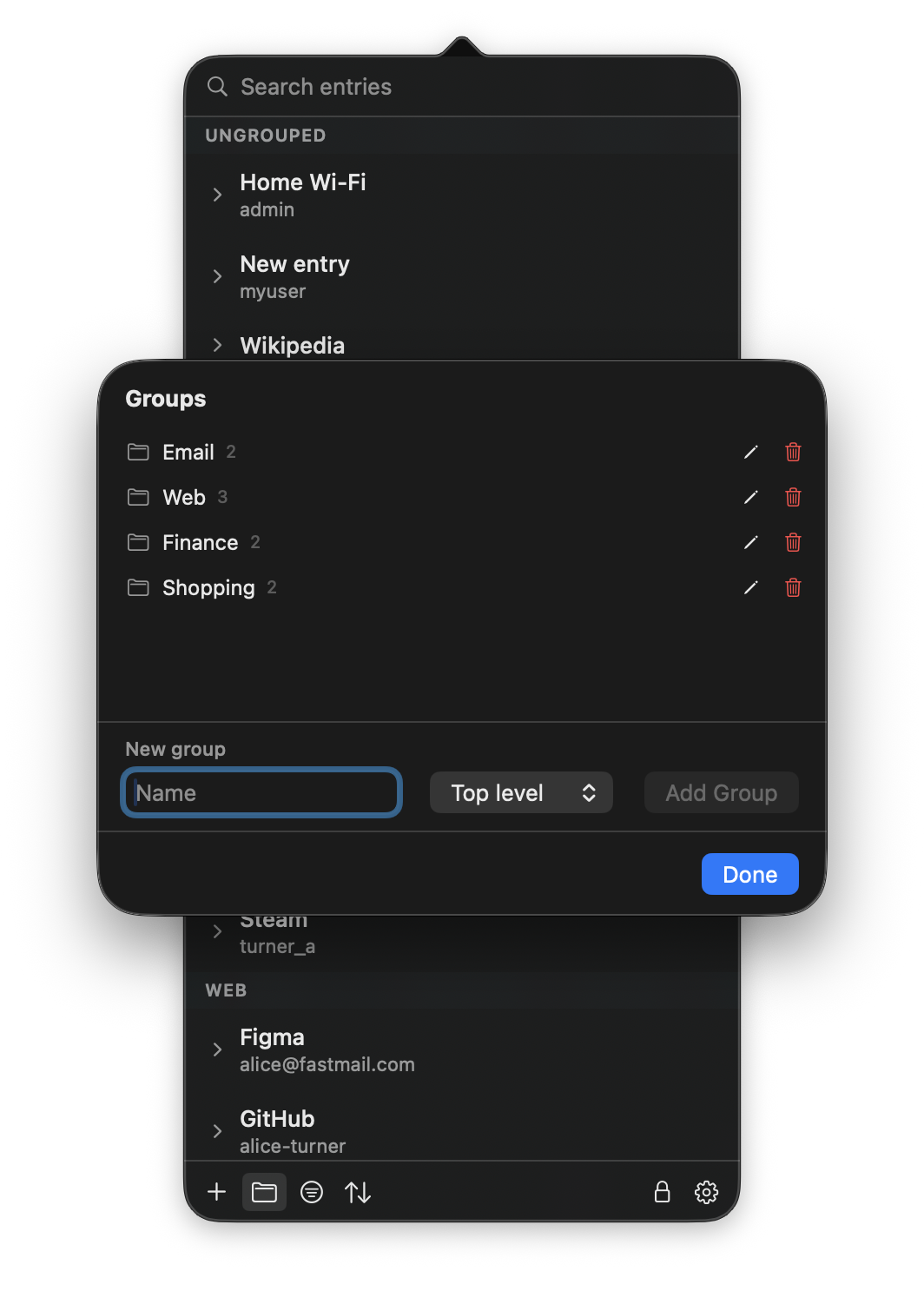 Manage groups in MyKeepass, with a list of groups and buttons to add, rename or delete them
